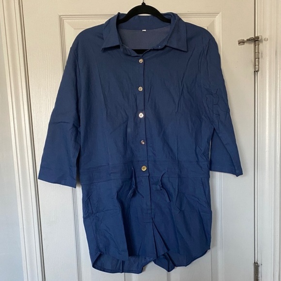 None Pants - Woven Denim Romper (Size: L, Color: Med/Dark Blue)